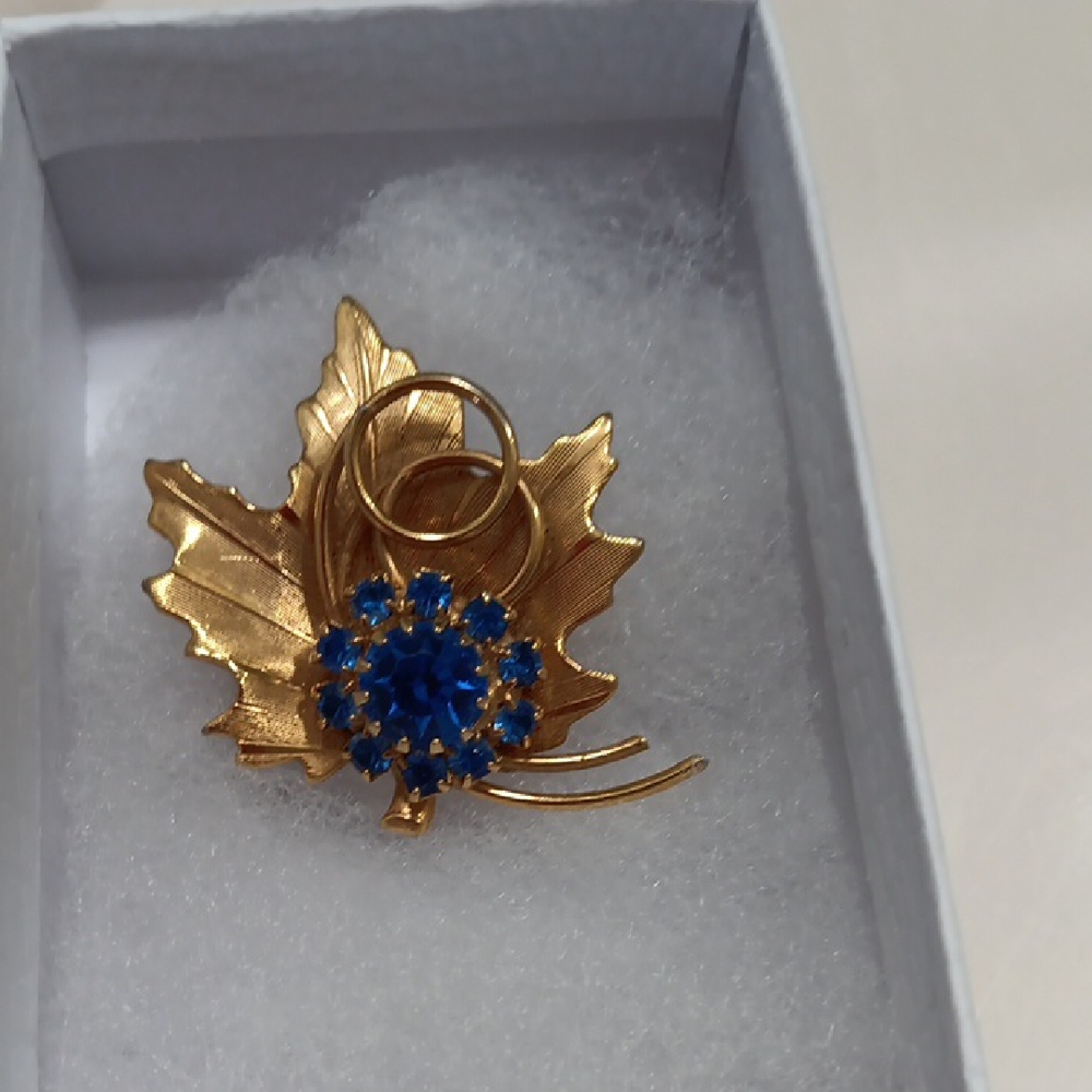 Vintage Gold Leaf Brooch with Blue Accents